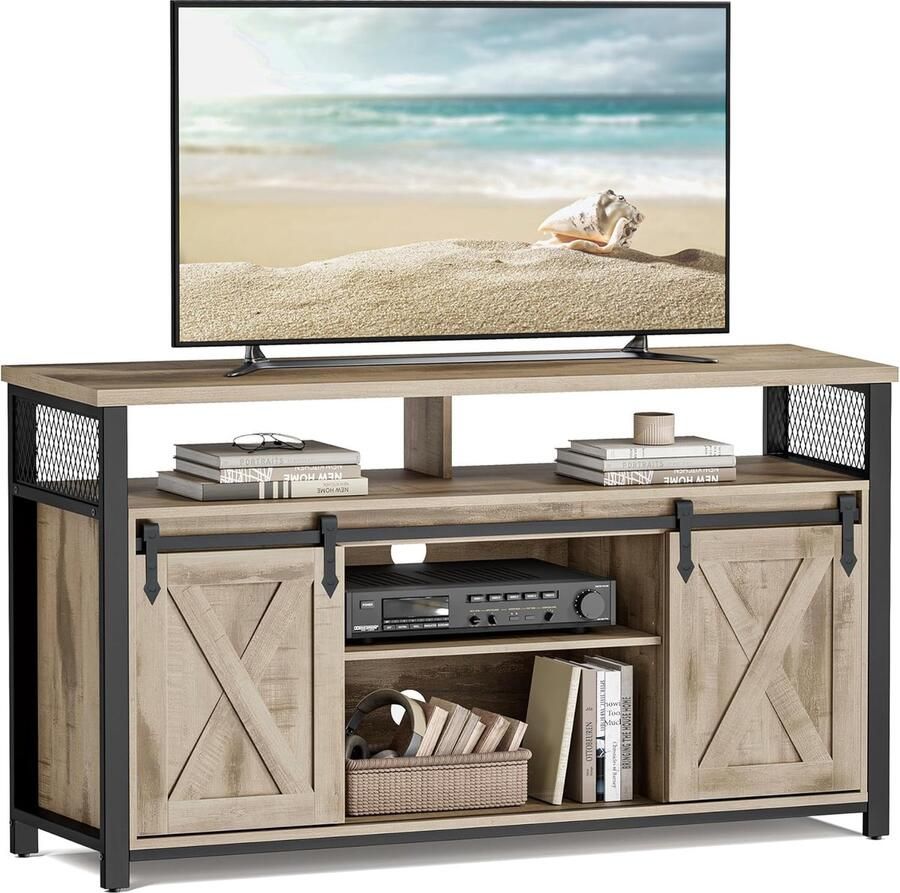 ‎SONGMICS VASAGLE LTV46B50 TV-meubel lage kast voor tv's tot 60 inch tv-tafel met verstelbare planken schuifdeur metalen frame eikenbruin-zwart