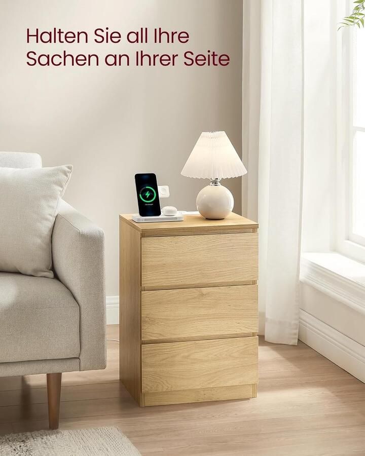 ‎SONGMICS VASAGLE Nachtkastje 3 Laden Afgeschuinde Rand 2 Stopcontacten 2 USB Poorten Woonkamer Slaapkamer Studeerkamer Modern Stro Geel LET631Y70