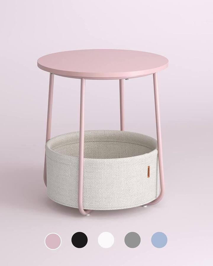 ‎SONGMICS VASAGLE ronde bijzettafel kleine tafel salontafel klein salontafel stoffen mand opbergruimte voor woonkamer slaapkamer modern nachtkastje pastelroze-crèmewit LET223R61