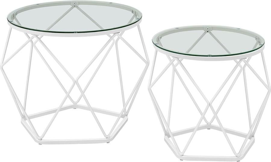 ‎SONGMICS VASAGLE Ronde salontafel set van 2 bijzettafel moderne stijl afneembaar blad stalen frame voor woonkamer transparant en wolkenwit LGT040W01