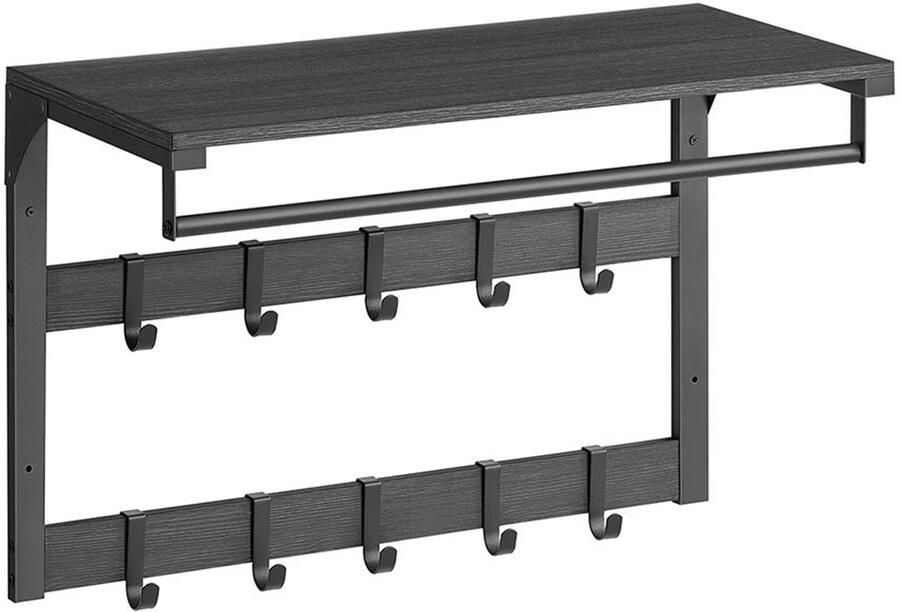 Songmics Wandkapstok – Met Plank – Met 10 Haken – Antraciet Grijs-Zwart – Stoere Kapstok