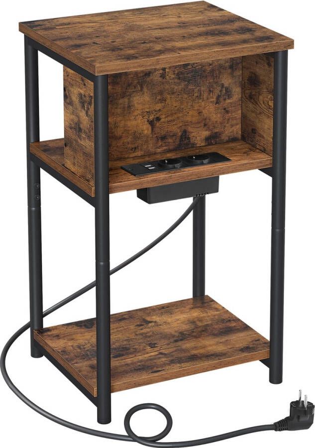 Songmics VASAGLE Bijzettafel nachtkastje met stopcontact smal 2 AC-aansluitingen 2 USB-poorten 30 x 34 x 58 cm voor woonkamer slaapkamer vintage bruin-zwart