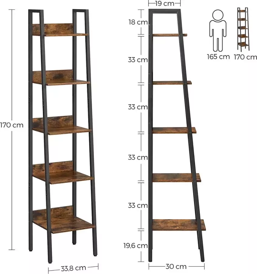 Songmics VASAGLE boekenkast ladder plank met 5 planken open vloer plank smal voor woonkamer slaapkamer keuken kantoor metalen frame industrieel ontwerp vintage bruin-zwart LLS109B01 - Foto 3