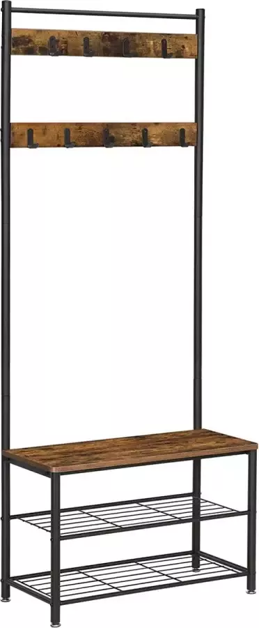 ZAZA Home VASAGLE kapstok kledingrek met schoenenrek met zitting met kapstokhaak 3 planken 175 cm hoog industrieel design vintage bruinzwart HSR41BX - Foto 2