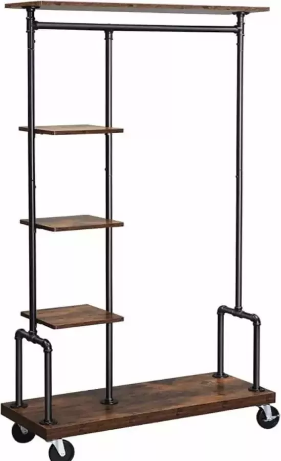 ZAZA Home VASAGLE kapstok kledingrek op wielen met 5 planken metalen buizen vintage donkerbruin