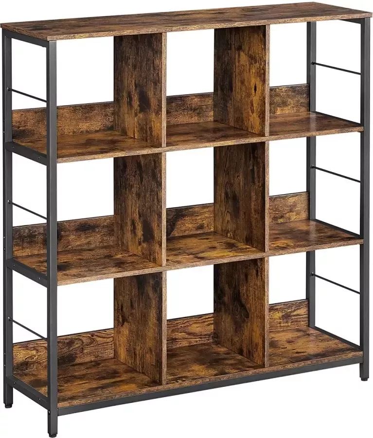 ZAZA Home VASAGLE Rek met 3 niveaus boekenkast staand rek met 9 vakken voor woonkamer slaapkamer werkkamer keuken 100 x 30 x 103 1 cm vintage bruin-zwart LLS112B01