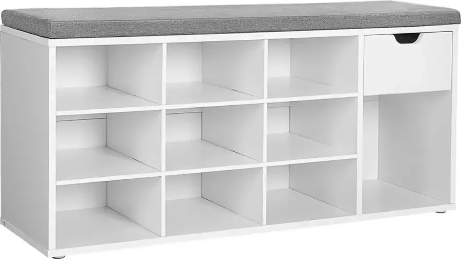 ZAZA Home VASAGLE Schoenenbank schoenenrek met lade en open vakken zitbank gevoerde zitting hal slaapkamer en entree 104 x 30 x 48 cm wit LHS24WT