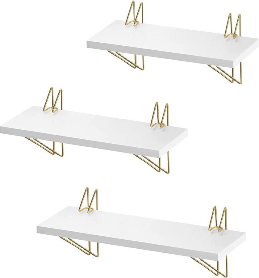 Songmics Wandplank set van 3 zwevende plank metalen frame moderne stijl voor woonkamer slaapkamer keuken wit-goud LWS105W10