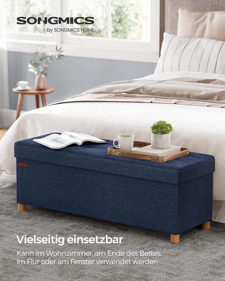Songmicss Opbergbank schoenenbank opbergdoos opbergpoef voetenbank 38 x 110 x 40 cm voor woonkamer slaapkamer Donkerblauw