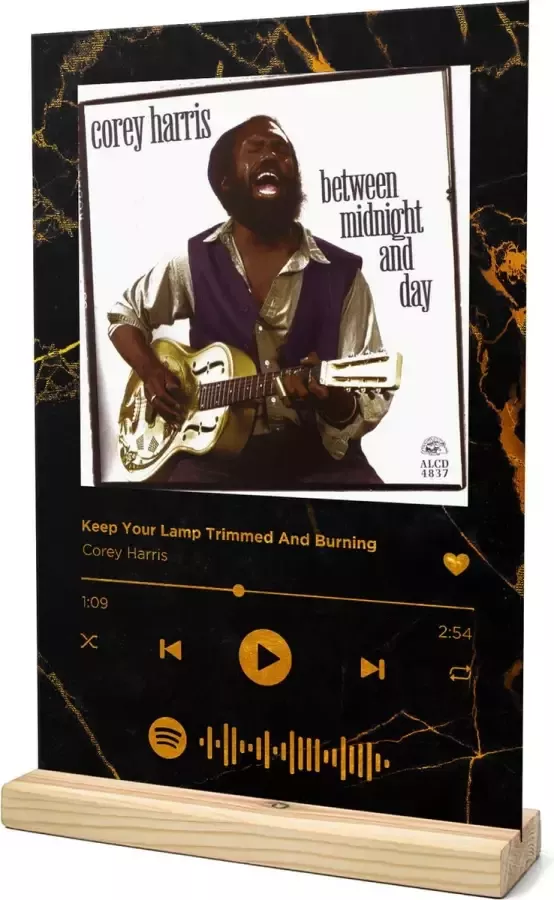 Songr Spotify Muziek Bordje Keep Your Lamp Trimmed And Burning Corey Harris 20x30 Zwart Goud Dibond Aluminium Plaat Cadeau Tip voor Man en Vrouw