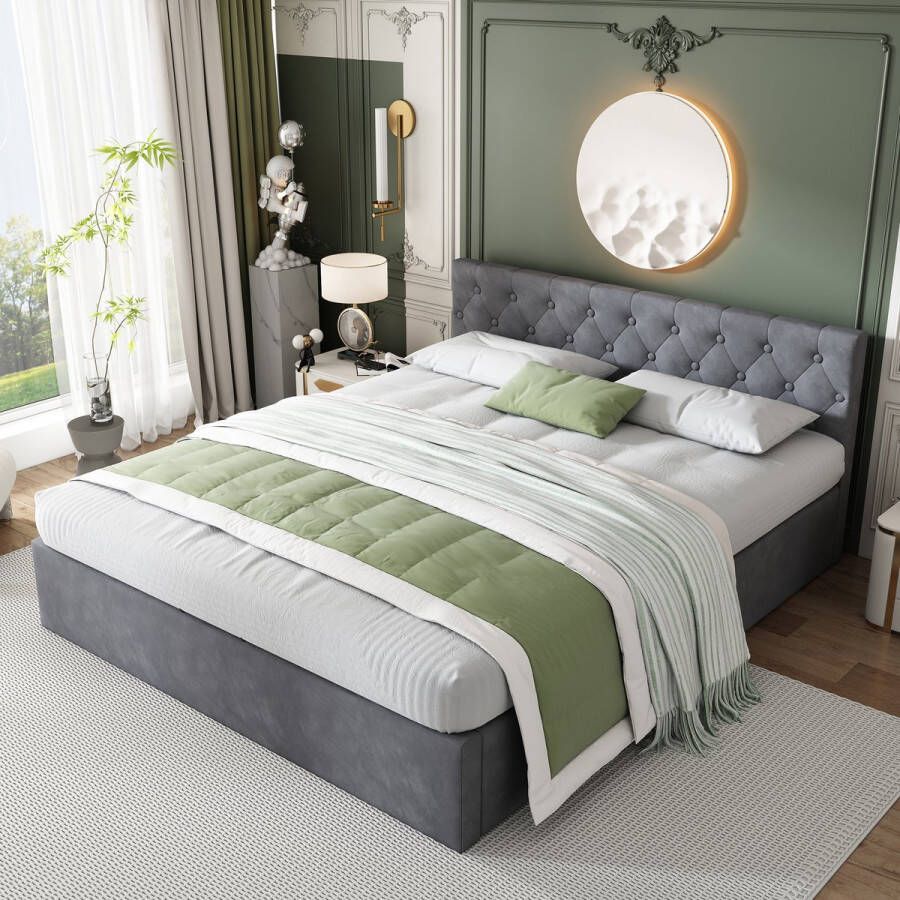 SONNENH Bed met bedkast Fluweelstof Gestoffeerd bed Lattenbodem Tweepersoonsbed Opbergruimte Houten onderstel (grijs 140 x 200 cm)