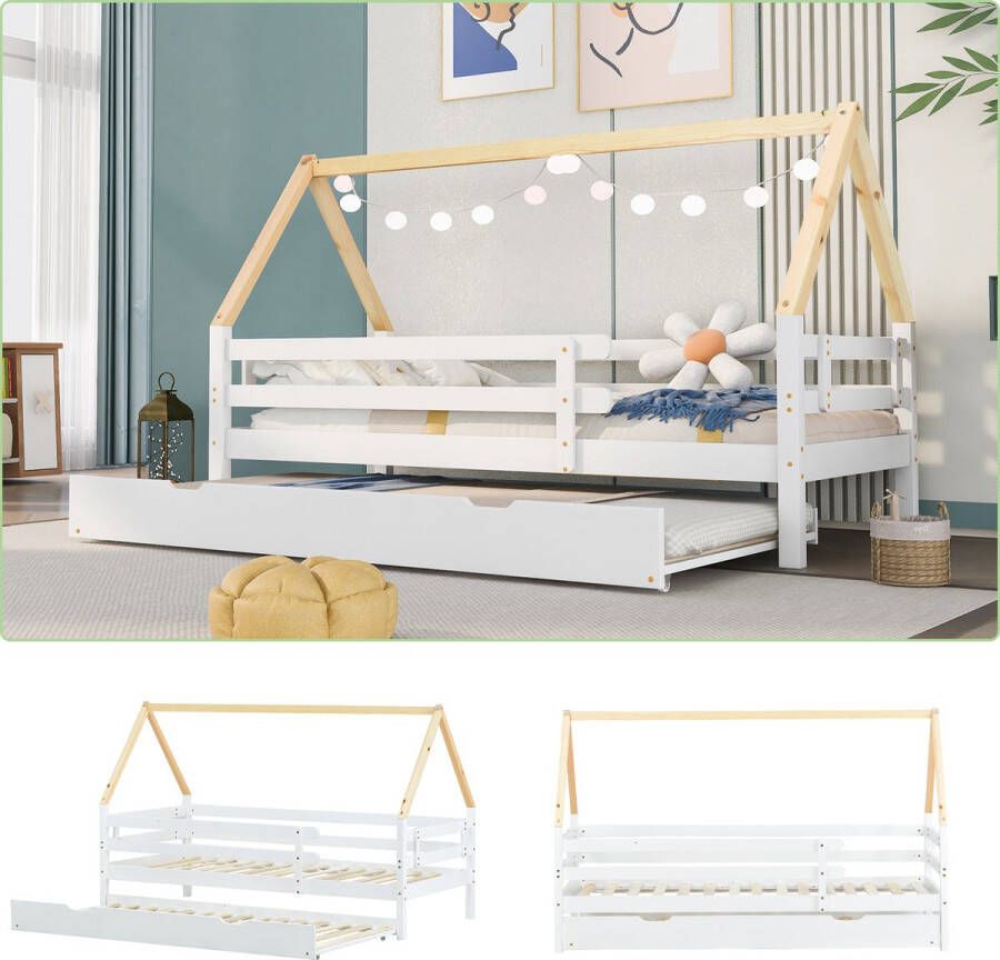 SONNENH Boomhutbed dagbed 1-persoonsbed kinderbed uitschuifbaar bed uitschuifbaar bed met wielen onder massief hout wit bed naturelkleurig dakspant (200x90cm)