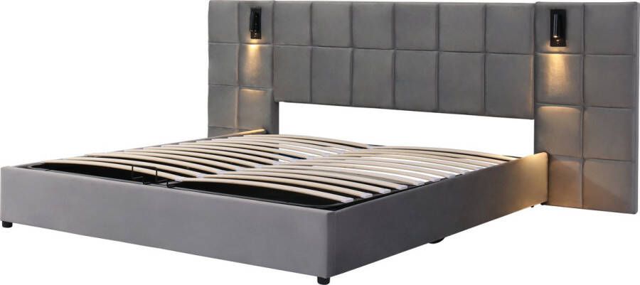 SONNENH Gestoffeerd bed hydraulisch opbergbed met richtlamp en USB-oplader breed en met schuim gevuld hoofdeinde schaakbordpatroon gemaakt van stalen frame en composietpanelen fluweel 140 * 200cm grijs