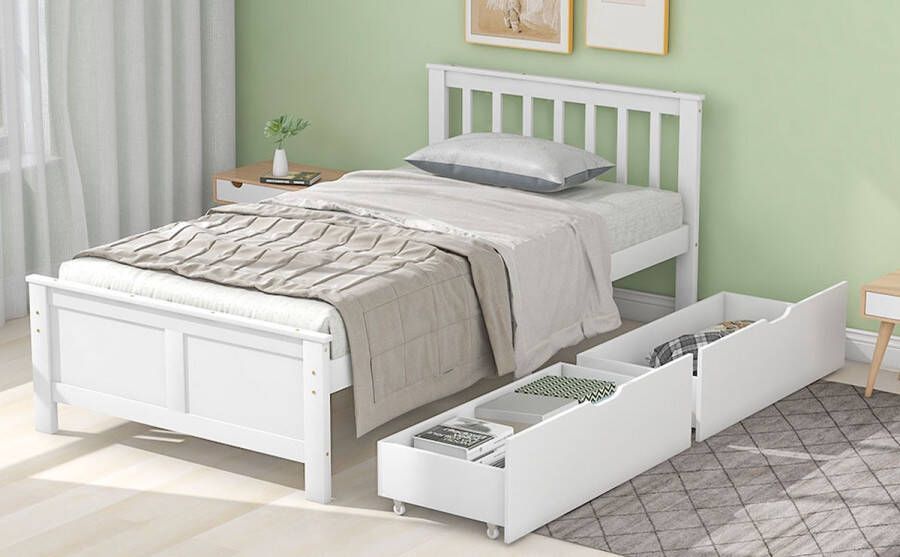 SONNENH Houten bed eenpersoonsbed jeugdbed bed voor volwassenen met lades voor opbergruimte grenen frame wit (90x200cm)