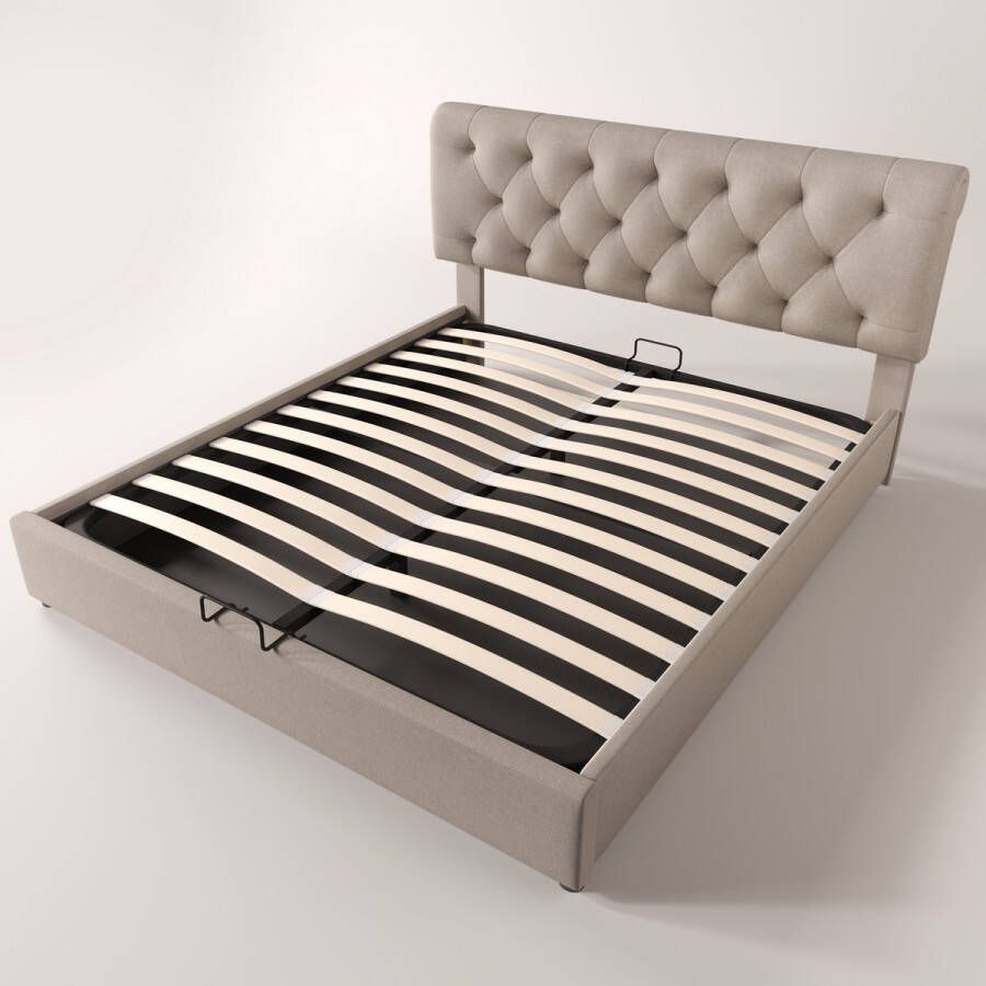 SONNENH Hydraulisch gestoffeerd bed 140x200cm verstelbaar hoofdeinde tweepersoonsbed bed met lattenbodem van metalen frame modern bedframe met opbergruimte naturel zonder matras