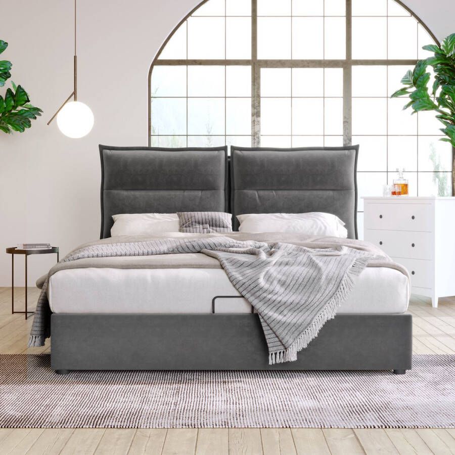 SONNENH Hydraulisch tweepersoonsbed gestoffeerd bed 140x200cm verstelbaar hoofdeinde bed met lattenbodem van metalen frame fluweel modern bedframe met opbergruimte grote opbergruimte grijs (zonder matras)