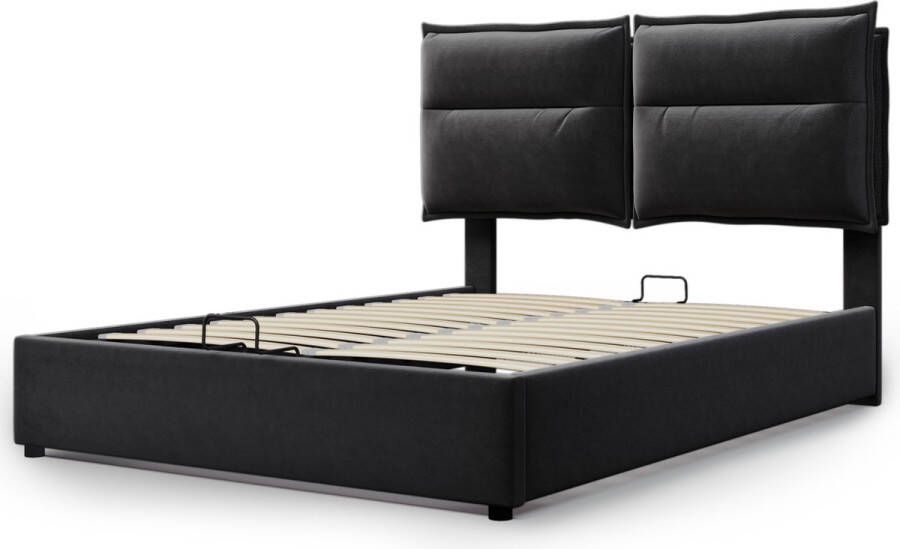 SONNENH Hydraulisch tweepersoonsbed gestoffeerd bed 140x200cm verstelbaar hoofdeinde bed met lattenbodem van metalen frame fluweel modern bedframe met opbergruimte grote opbergruimte zwart (zonder matras)
