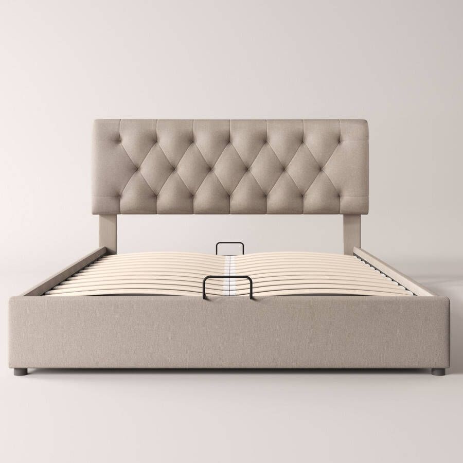 SONNENH Hydraulisch tweepersoonsbed gestoffeerd bed 160x200cm verstelbaar hoofdeinde bed met lattenbodem van metalen frame modern bedframe met opbergruimte naturel