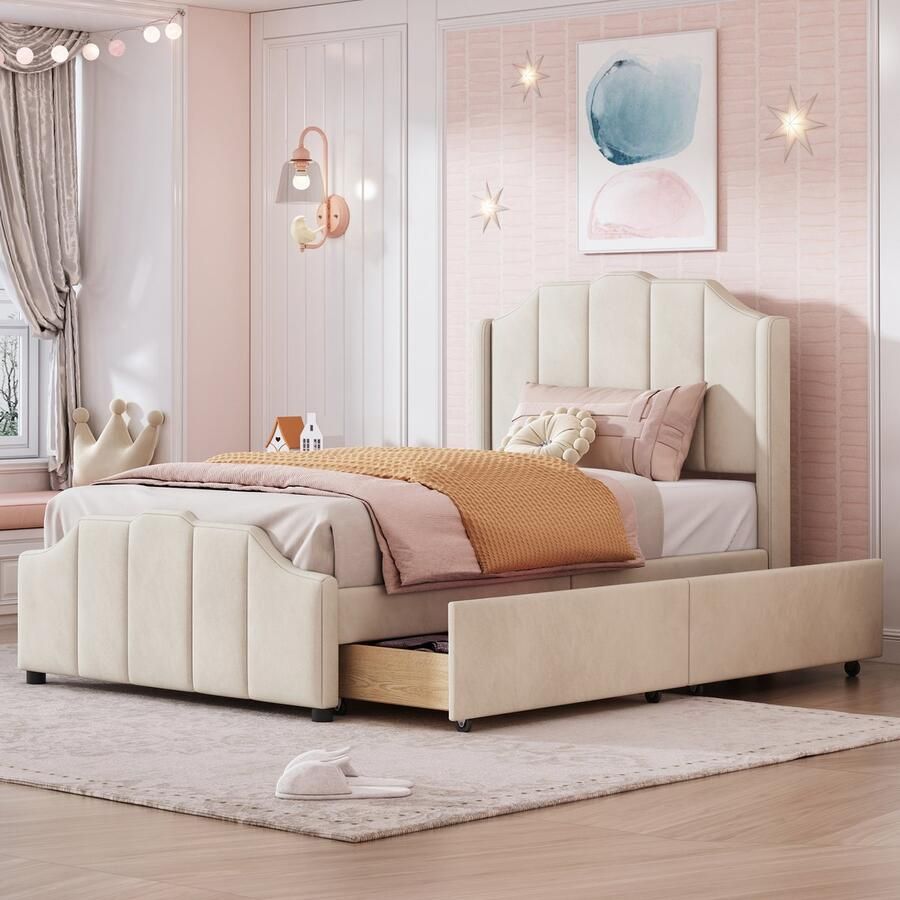 SONNENH 90 x 200 cm gestoffeerd kinderbed met 2 opberglades en hoofdbord beige