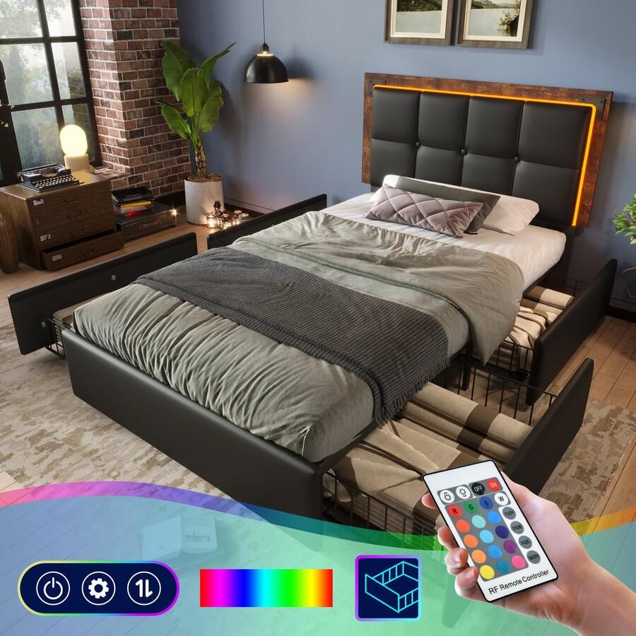 SONNENH Bedframe 90x200 cm LED-verlichtingsbalk 4 laden verstelbaar hoofdeinde functioneel bed PU zwart (zonder matras)