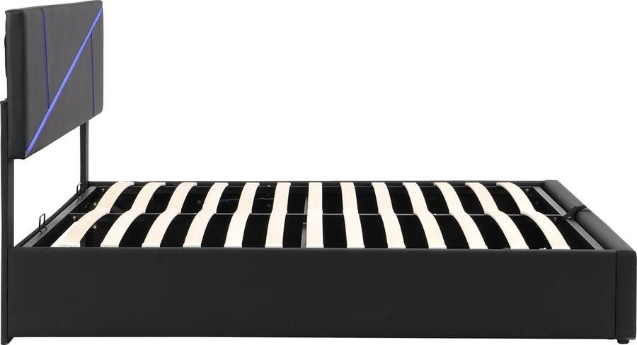 SONNENH Comfortabel gestoffeerd bed met LED-lichtstrips 140*200 cm tweepersoonsbed met lattenbodem rugleuning hydraulisch functioneel bed kunstleer zwart