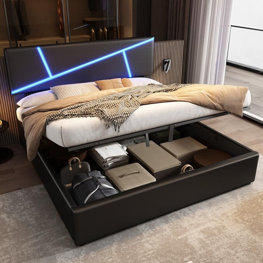 SONNENH Comfortabel gestoffeerd bed met LED-lichtstrips 180*200 cm tweepersoonsbed met lattenbodem rugleuning hydraulisch functioneel bed kunstleer zwart