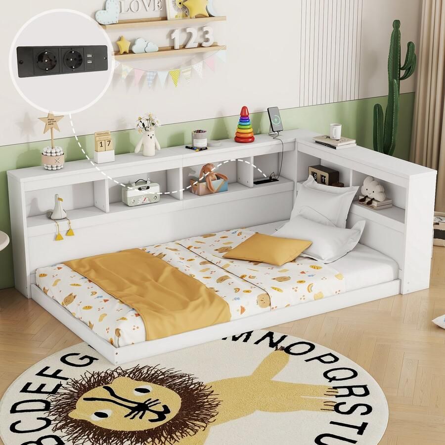 SONNENH Daybett-90x200 cm-Schlafsofa-Tagesbett-Mit Steckdose und 2 USB-Anschlüssen-Bett mit Lattenrost-Spanplatte-Weiβ