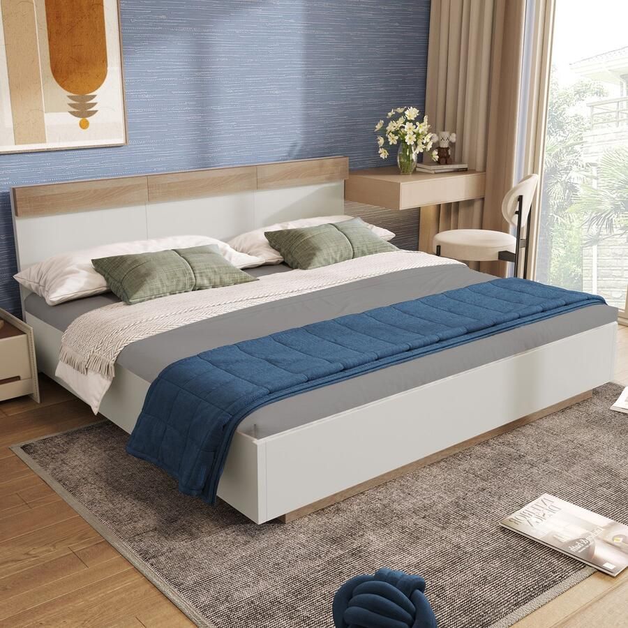 SONNENH Dubbelbed Houten Bed Zwaaiend Bed 205x184x90 5 cm (LxBxH) Met Hoofdsteun Inclusief Bedframe & Lattenbodem Set in Eiken Sonoma Wit Zonder Matras