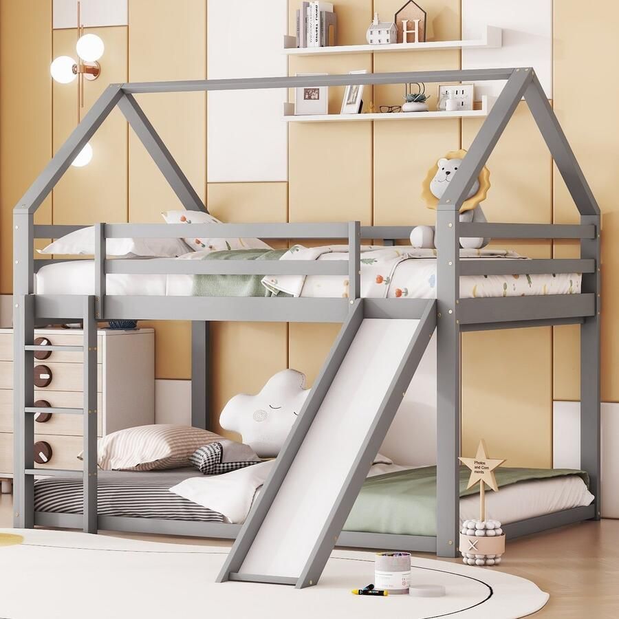 SONNENH Etagenbett Kinderbett-140x200cm-Hausbett met glijbaan-ladder-grijs stapelbed voor kinderkamer