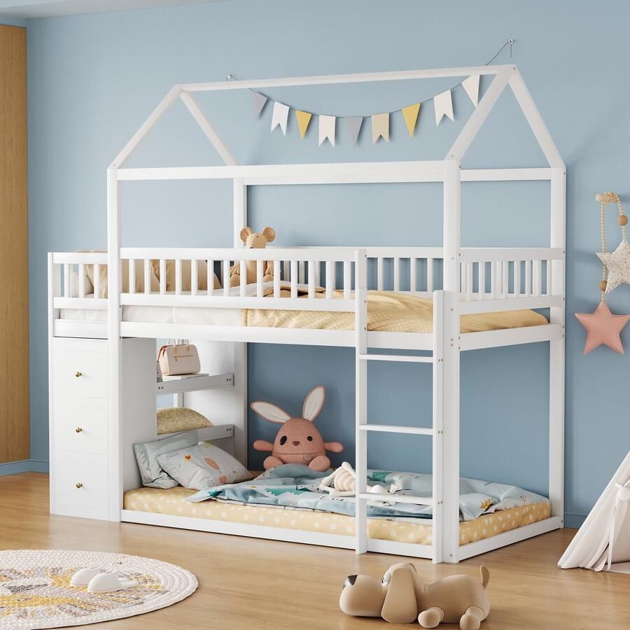 SONNENH Etagen-Kinderbett-90*200 cm-Hausform-Sicherheitszaun-Design-Mit Aufbewahrungskommode und Regalen-Niedriges Hochbett mit Leiter-Massivholzrahmen-Weiße