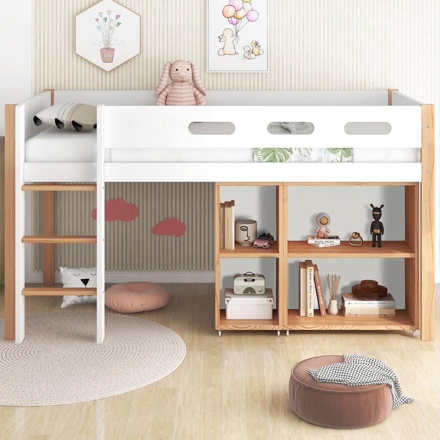 Merax Stapelbed met opbergruimte en verplaatsbare kledingkast hoogslaper met drie treden rechthoekige trap met valbeveiliging naturel wit 90x200 cm