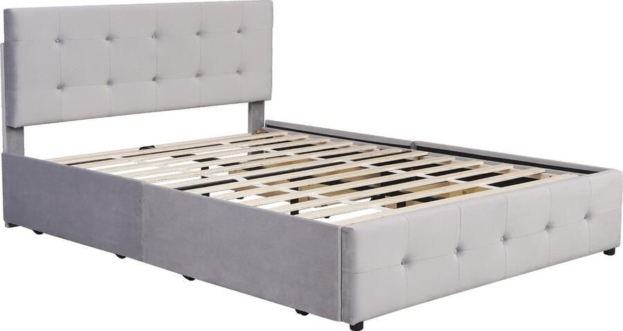 SONNENH Gestoffeerd bed 140 x 200 cm tweepersoonsbed met lades lattenbodem en rugleuning huidvriendelijk tweepersoonsbed van fluwelen stof voor volwassenen en tieners grijs (matras niet inbegrepen)