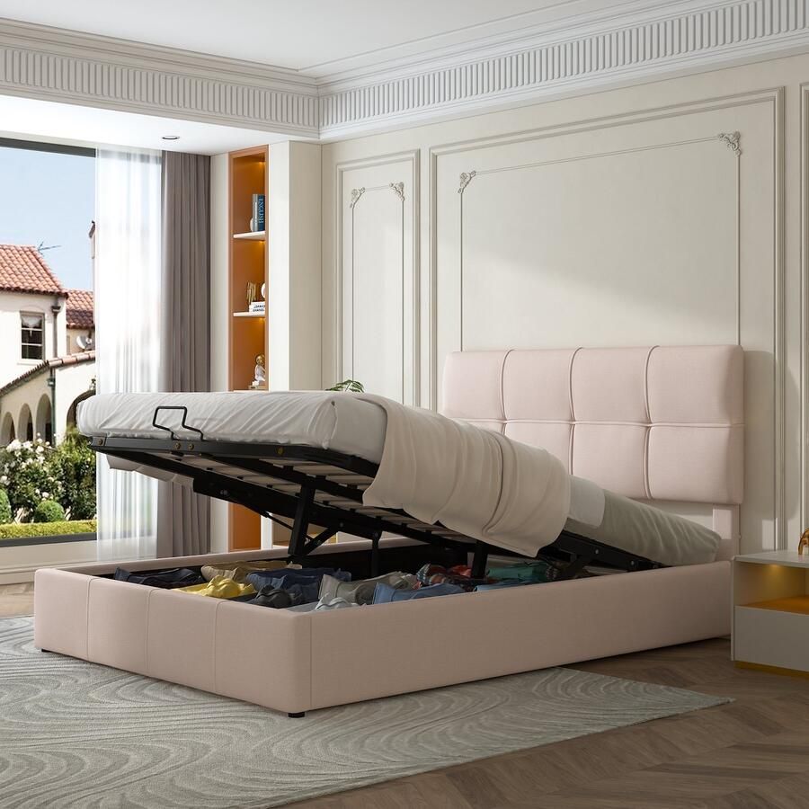 SONNENH Gestoffeerd bed 140x200 tweepersoonsbed met hydraulisch hefbare bedopbergruimte in hoogte verstelbaar gestoffeerd hoofdeinde metalen lattenbodem huidvriendelijk linnenstof tweepersoonsbed volwassen jeugdbed beige
