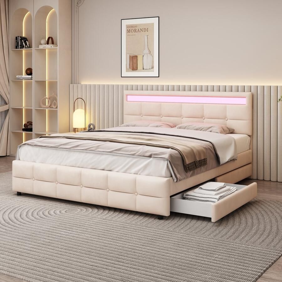 SONNENH Gestoffeerd bed 180 x 200 cm tweepersoonsbed LED-bedframe met 4 laden lattenbodem en rugleuning huidvriendelijk tweepersoonsbed van fluwelen stof voor volwassenen en tieners beige