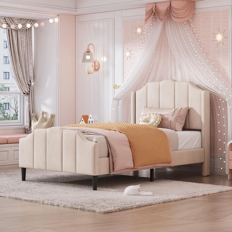 SONNENH Gestoffeerd bed 90 x 200 cm voeteneinde en lattenbodem tweepersoonsbed bekleed met beige fluweel jeugdbed logeerbed