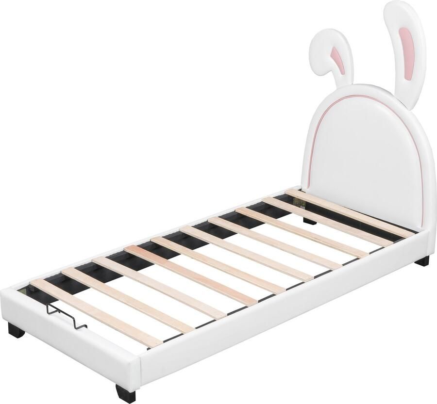 SONNENH Gestoffeerd bed 90*200cm kinderbed met lattenbodem en rugleuning meisjesbed in konijnenoorvorm met verhoogde poten wit (matras niet inbegrepen)