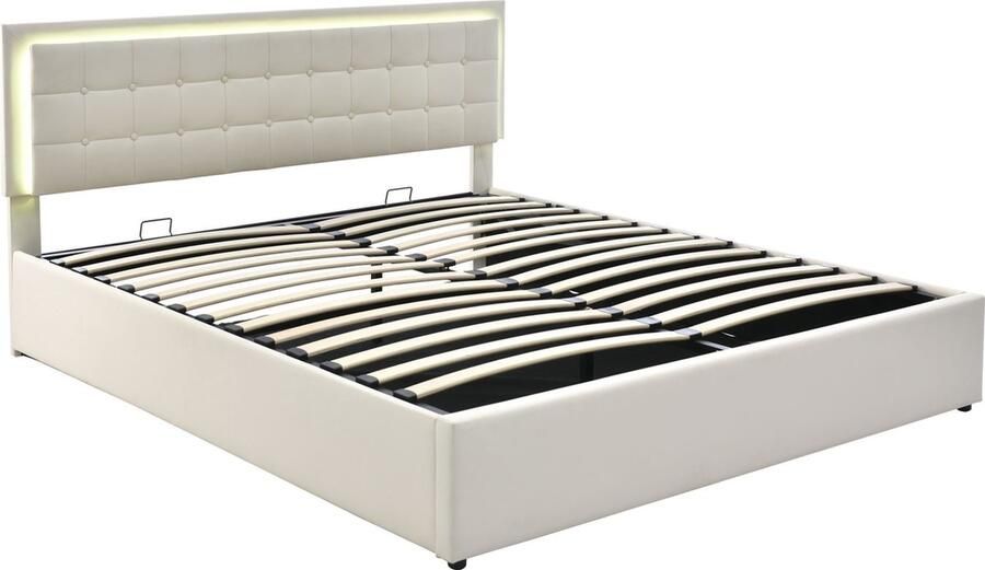 SONNENH Gestoffeerd bed met lattenbodem en opbergruimte tweepersoonsbed inclusief LED-verlichtingsstrip bedframe 180x200cm opbergruimte bed functionele bedovertrek van wit kunstleer