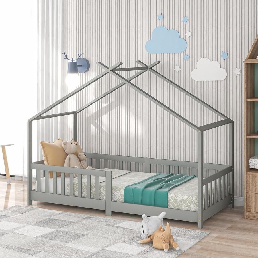 SONNENH Huisbed kinderbed 200x90 cm massief hout met hek lattenbodem en valbeveiliging voor kinderkamers en jeugdkamers grijs