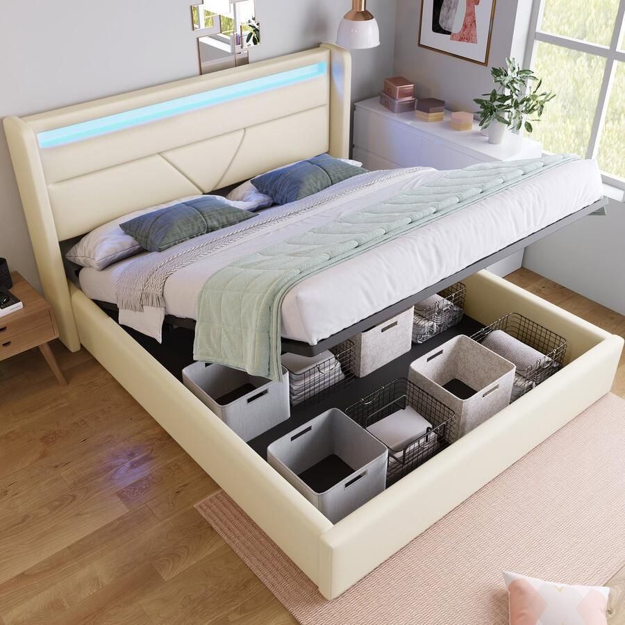 SONNENH Hydraulisch opbergbed met LED-verlichtingsstrip tweepersoonsbed bedframe gestoffeerd bed 140x200cm functioneel bed wit (met afstandsbediening)