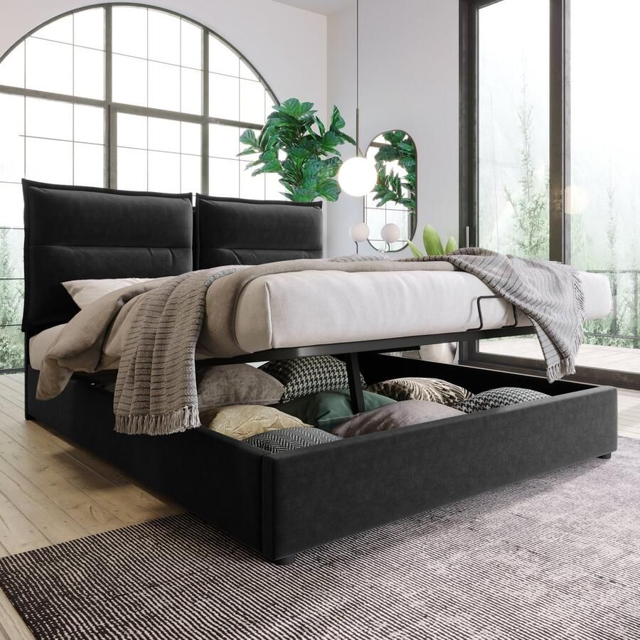 Merax Tweepersoonsbed gestoffeerd bed 140x200cm verstelbaar hoofdeinde modern bedframe met opbergruimte zwart zonder matras