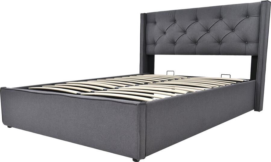 SONNENH Hydraulisch tweepersoonsbed gestoffeerd bed 140x200cm bed met lattenbodem van metalen frame modern bedframe met opbergruimte katoen grijs