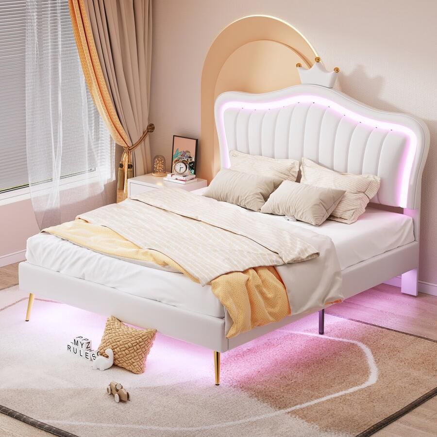 SONNENH Kinderbed 140 x 200 cm wit met kroonhoofd- en voeteneinde tweepersoons bedframe van PU-leer met LED-verlichting lattenbodem en rugleuning