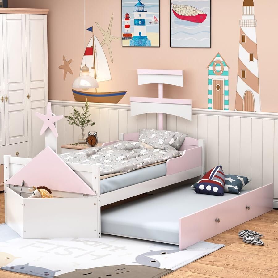 Merax Houten kinderbed 90x200 cm zeilbootvorm met uitschuifbaar bed opbergkast aan het voeteneinde van het bed eenpersoonsbed roze