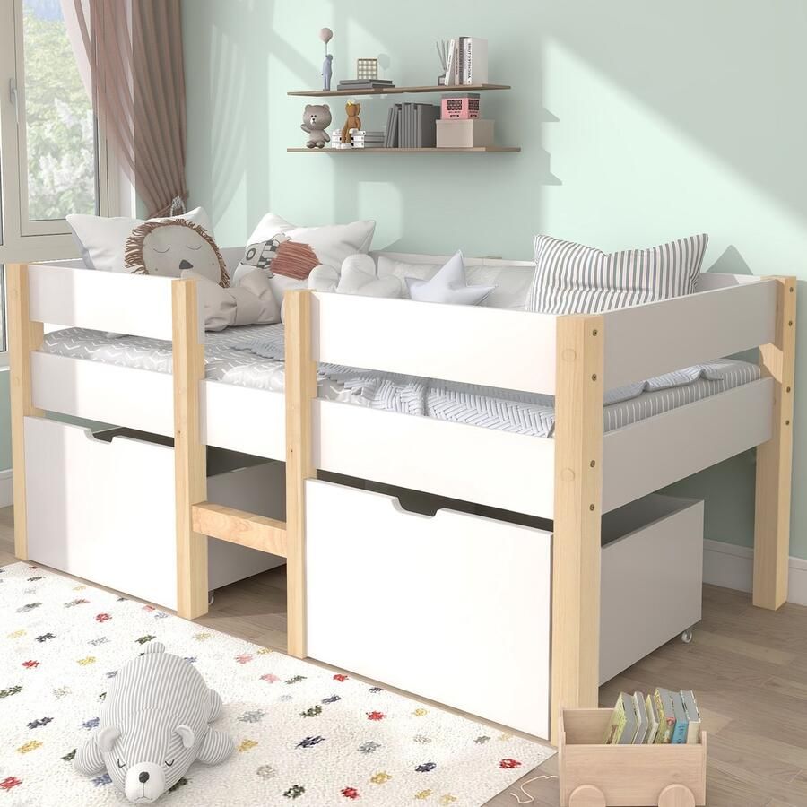 Merax Halfhoogslaper Kinderbed met 2 lades en fall-out bescherming grenen-massief hout 90x200 cm Wit & Eiken Zonder matras