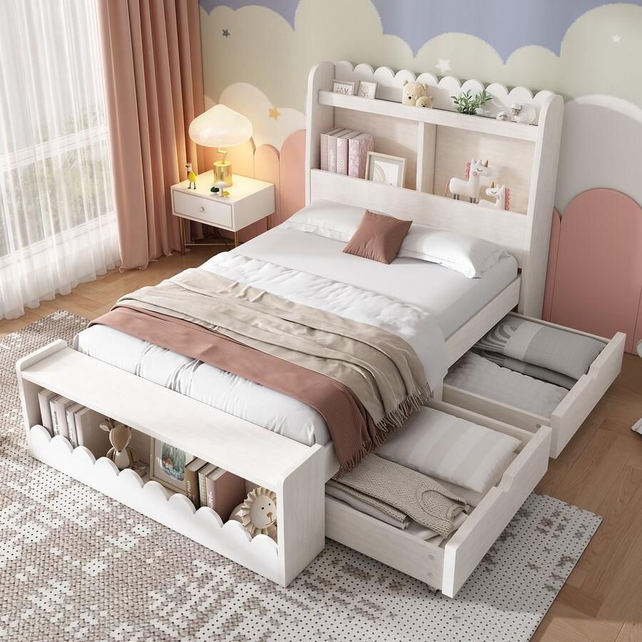 SONNENH Kinderbett-90x190 cm-Stauraumbett mit Schubladen-Regal-Sitzbank mit Stauraum-Holzbettgestell und Lattenrost-Weiße mit Eichefarben-Ohne Matratze