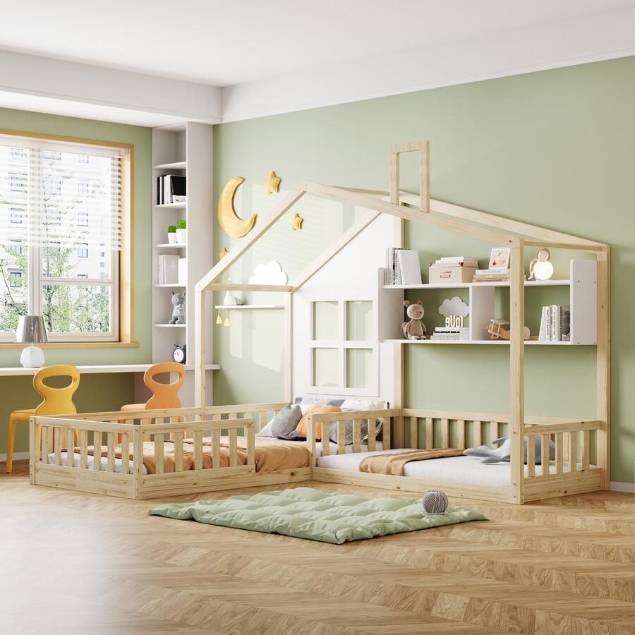 SONNENH Kinderbed 90x200 cm (140x70 cm) Met raam en huisvormige open haard Met planken houtkleur