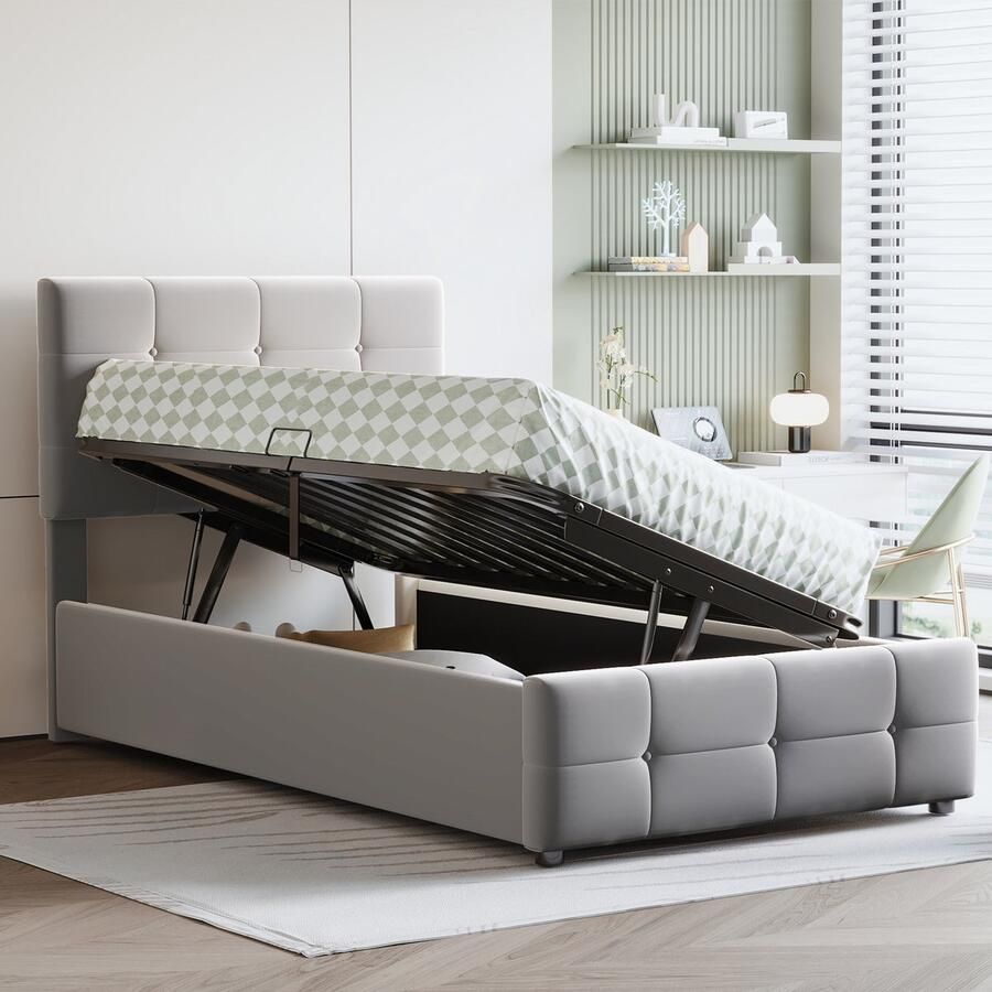 HAUSS SPOLE Gestoffeerd Bed 90x200 Cm Eenpersoonsbed Met Hydraulische Opbergruimte Stevig Houten En Metalen Frame Fluwelen Bekleding Luxe Slaapcomfort Grijs - Foto 2