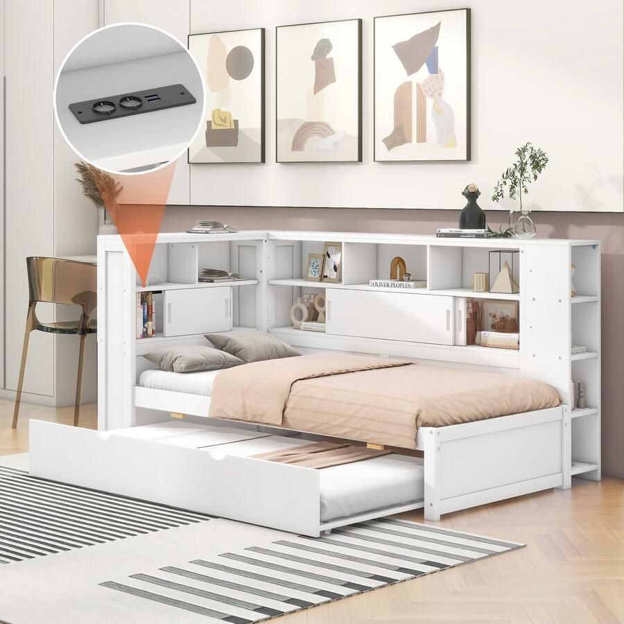 SONNENH Daybed 90x200cm(90x190cm) kinderbed zonder matras slaapbank met opbergvak met USB spaanplaat wit