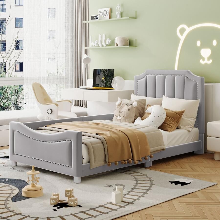 SONNENH Kinderbed gestoffeerd 90x200cm slaapbank met rugleuning grijs