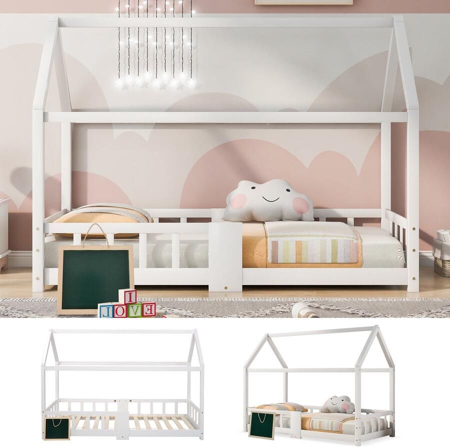 SONNENH Kinderbed Huisbed 90 x 200 cm Houten kinderbed inclusief lattenbodem en zijdelijke beveiliging gemaakt van grenenhout wit gelakt (zonder matras)